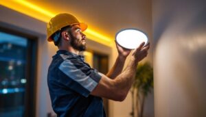 A photograph of a skilled lighting contractor installing or adjusting a sleek 6 led wafer light in a modern residential setting