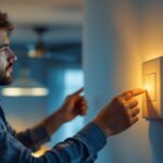 A photograph of a lighting contractor expertly installing a ceiling fan wall switch in a stylish home setting