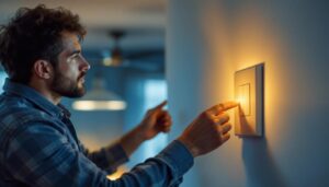 A photograph of a lighting contractor expertly installing a ceiling fan wall switch in a stylish home setting