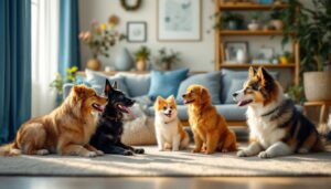 A photograph of a cozy indoor setting featuring various types of pets engaging with their environment