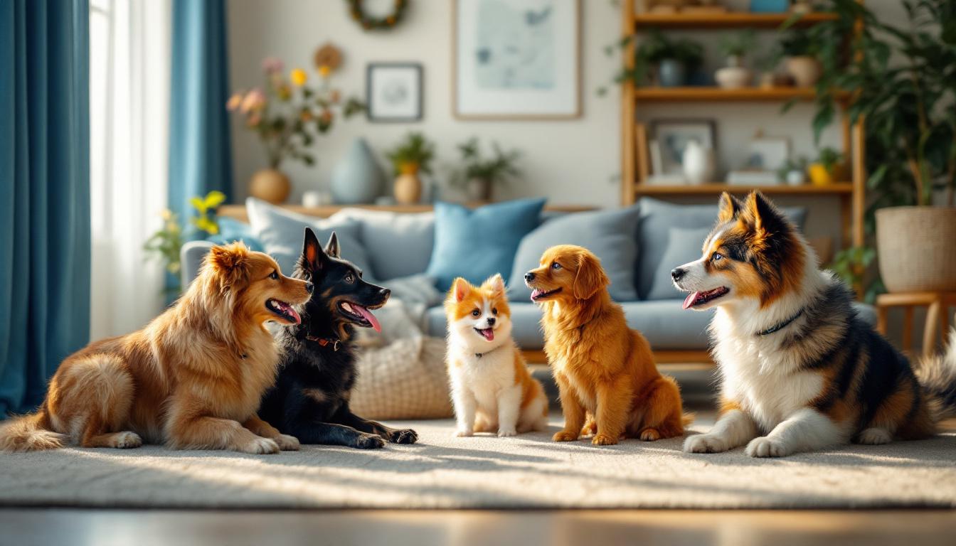 A photograph of a cozy indoor setting featuring various types of pets engaging with their environment