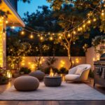 A photograph of a beautifully illuminated outdoor space featuring various styles of string led lights