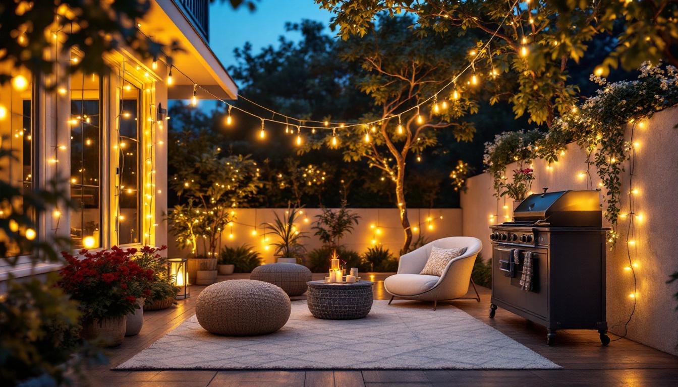 A photograph of a beautifully illuminated outdoor space featuring various styles of string led lights
