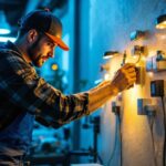 A photograph of a lighting contractor expertly installing various led accessories in a well-lit space