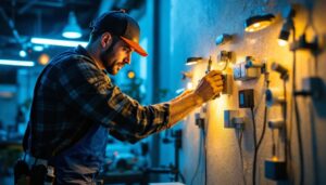 A photograph of a lighting contractor expertly installing various led accessories in a well-lit space
