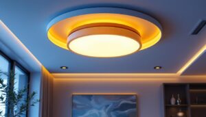 A photograph of a beautifully designed unique flush mount ceiling light installed in a modern interior space