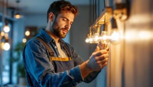 A photograph of a lighting contractor expertly installing energy-efficient led bulbs in a modern home setting