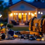 A photograph of a well-organized workspace featuring essential lighting tools and equipment used by lighting contractors
