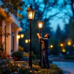 A photograph of a beautifully lit outdoor space featuring elegant pole lanterns