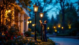 A photograph of a beautifully lit outdoor space featuring elegant pole lanterns