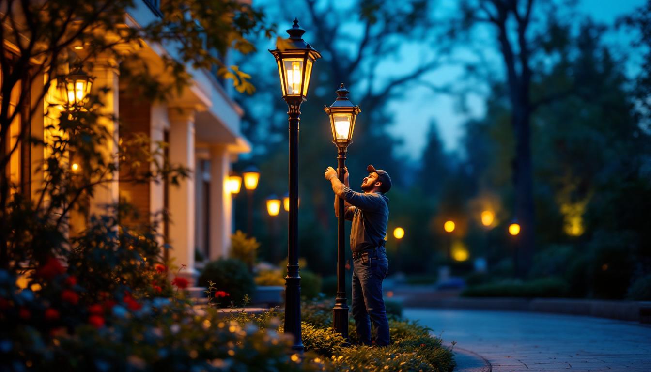 A photograph of a beautifully lit outdoor space featuring elegant pole lanterns