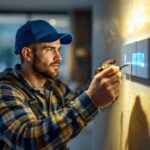 A photograph of a skilled lighting contractor expertly installing or adjusting an electrical switch light in a well-lit