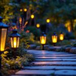 A photograph of a well-designed outdoor lighting installation that showcases various types of lanterns illuminating a pathway or garden