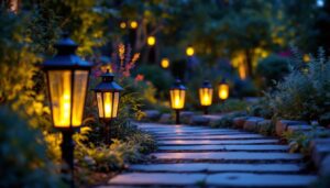 A photograph of a well-designed outdoor lighting installation that showcases various types of lanterns illuminating a pathway or garden