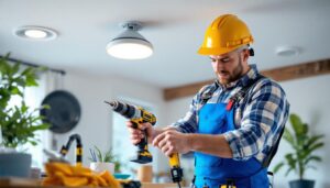 A photograph of a skilled lighting contractor in action