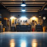 A photograph of a well-lit garage showcasing a variety of stylish and functional garage lights in action