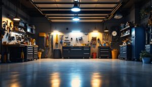A photograph of a well-lit garage showcasing a variety of stylish and functional garage lights in action