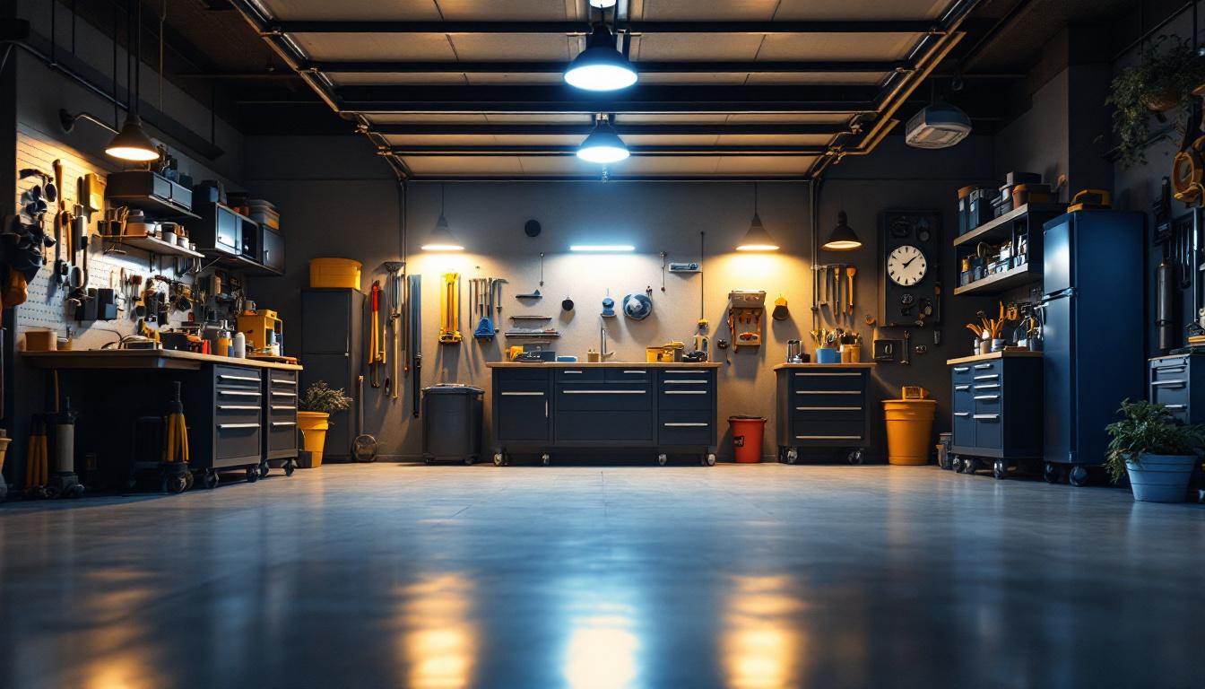 A photograph of a well-lit garage showcasing a variety of stylish and functional garage lights in action