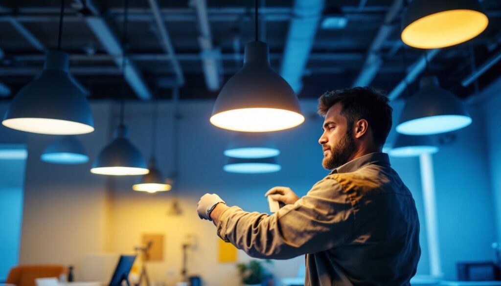 A photograph of a lighting contractor applying light diffuser tape to various light fixtures in a well-lit workspace
