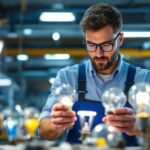 A photograph of a lighting contractor examining a variety of hid lamps in a well-lit workshop