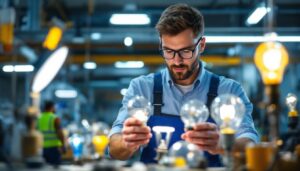 A photograph of a lighting contractor examining a variety of hid lamps in a well-lit workshop