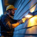 A photograph of a professional lighting contractor installing exterior sensor lights on a home