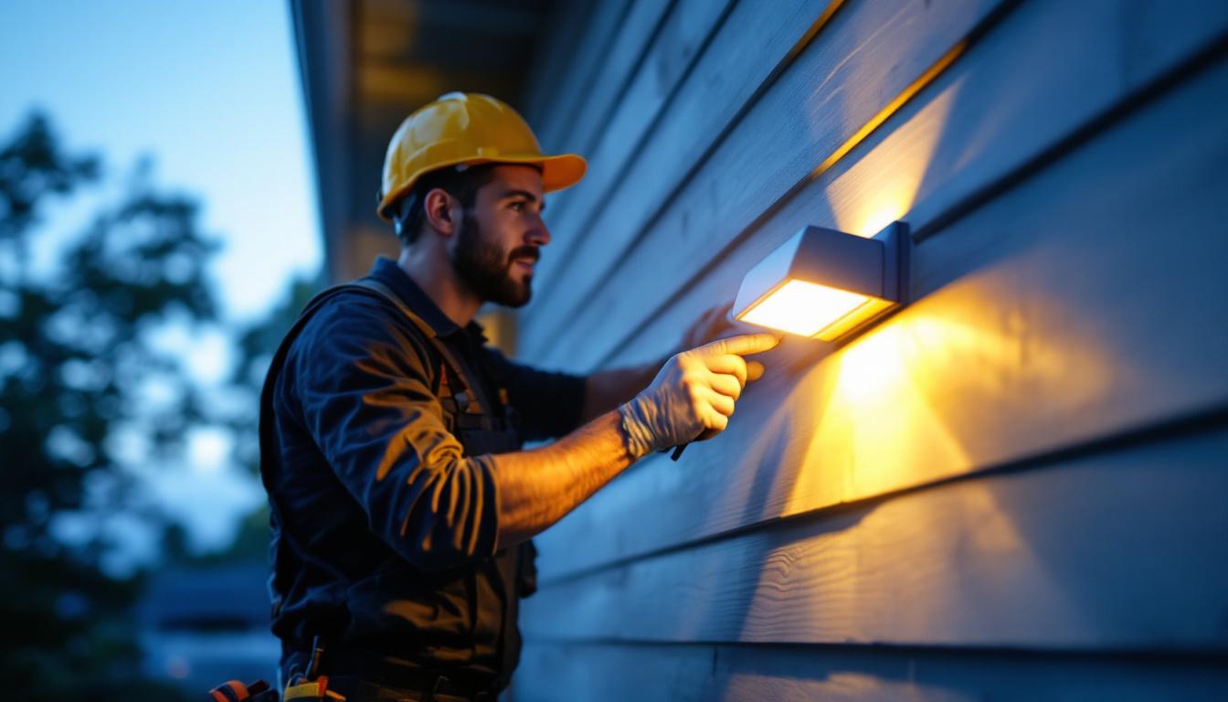 A photograph of a professional lighting contractor installing exterior sensor lights on a home