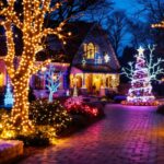A photograph of a beautifully illuminated outdoor space featuring a variety of creatively arranged christmas lights