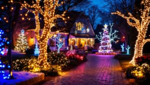 A photograph of a beautifully illuminated outdoor space featuring a variety of creatively arranged christmas lights