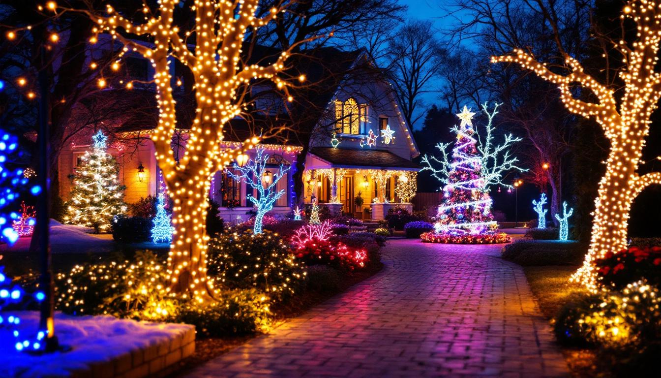 A photograph of a beautifully illuminated outdoor space featuring a variety of creatively arranged christmas lights