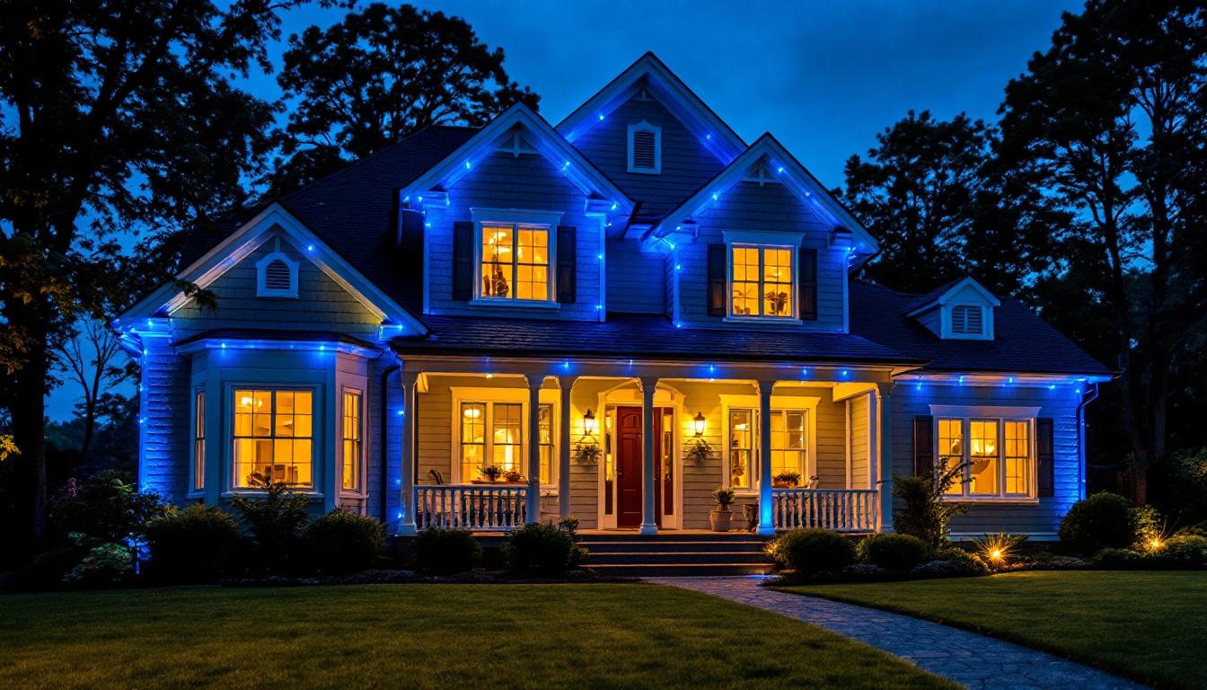 A photograph of a beautifully illuminated house at dusk