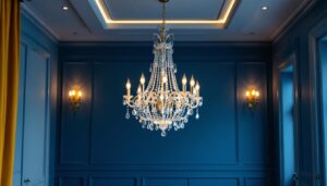 A photograph of a beautifully designed room showcasing an elegant chandelier hanging from the ceiling