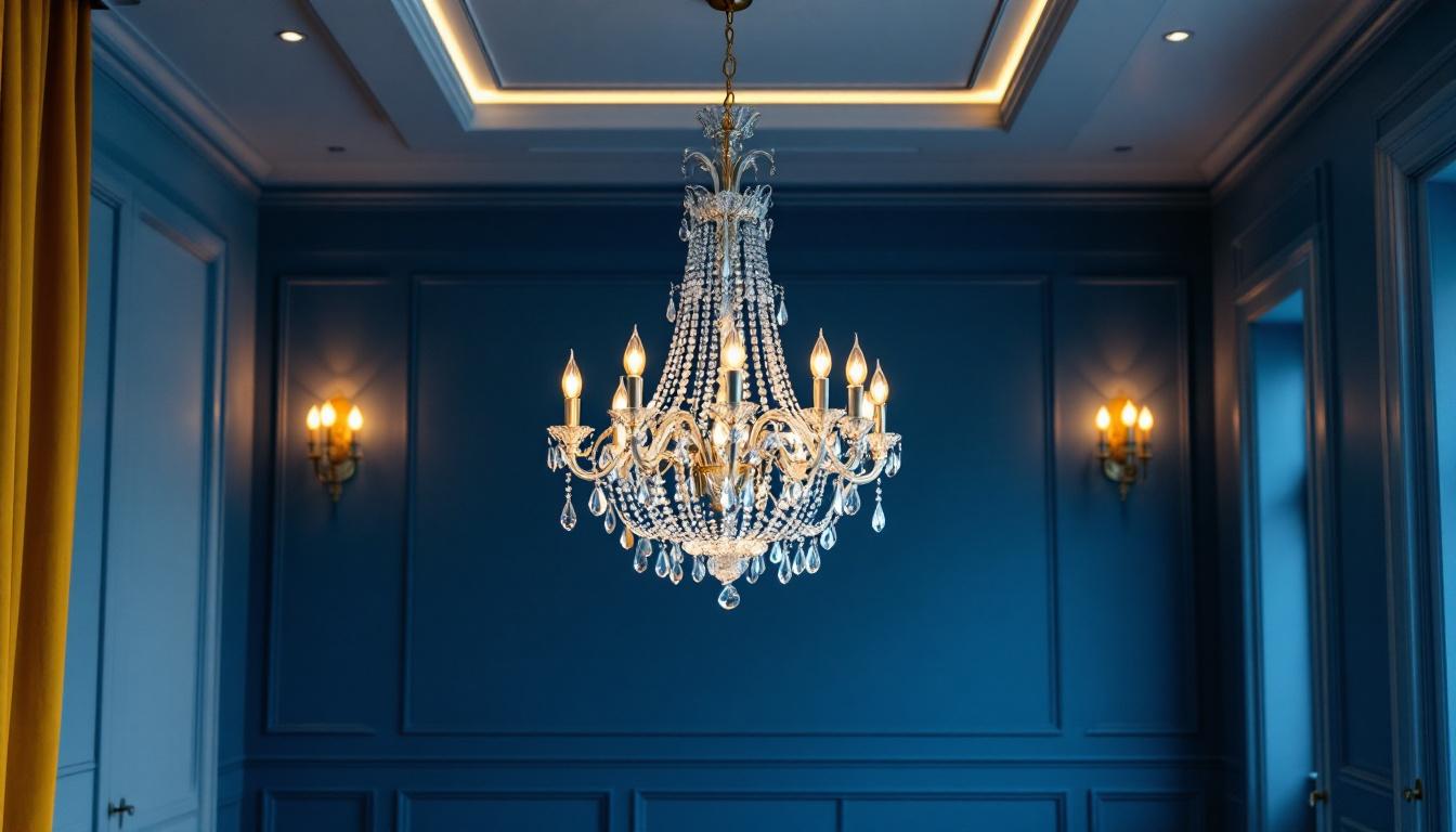 A photograph of a beautifully designed room showcasing an elegant chandelier hanging from the ceiling