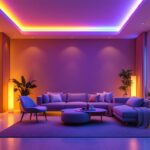 A photograph of a beautifully designed interior space showcasing rgb recessed lighting in action