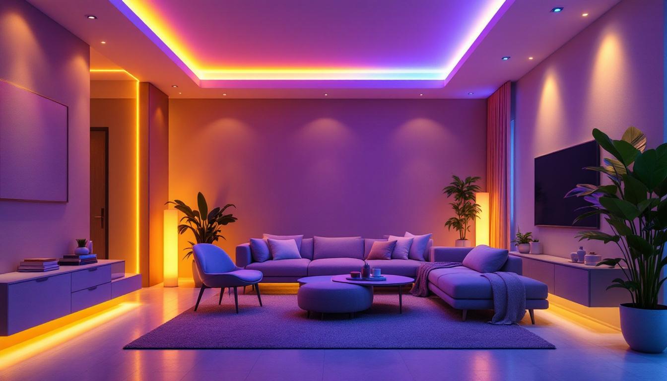 A photograph of a beautifully designed interior space showcasing rgb recessed lighting in action