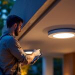 A photograph of capture a photograph of a lighting contractor installing outdoor led recessed lights in a beautifully landscaped garden or patio setting
