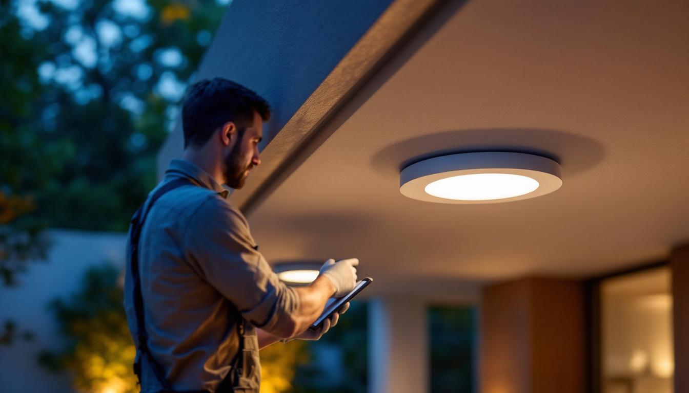 A photograph of capture a photograph of a lighting contractor installing outdoor led recessed lights in a beautifully landscaped garden or patio setting