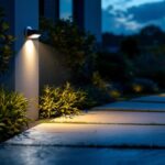 A photograph of a well-lit outdoor space at dusk