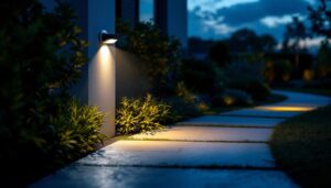 A photograph of a well-lit outdoor space at dusk