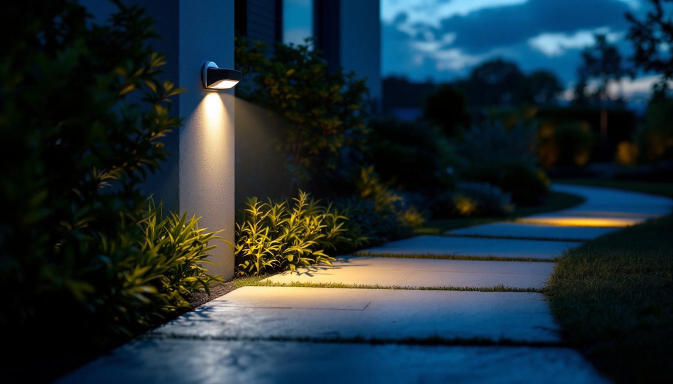 A photograph of a well-lit outdoor space at dusk