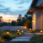 A photograph of a beautifully illuminated exterior space featuring various styles of plug-in lights