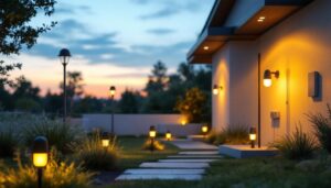 A photograph of a beautifully illuminated exterior space featuring various styles of plug-in lights