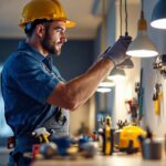 A photograph of a skilled electrician using various specialized tools while installing modern lighting fixtures in a well-lit