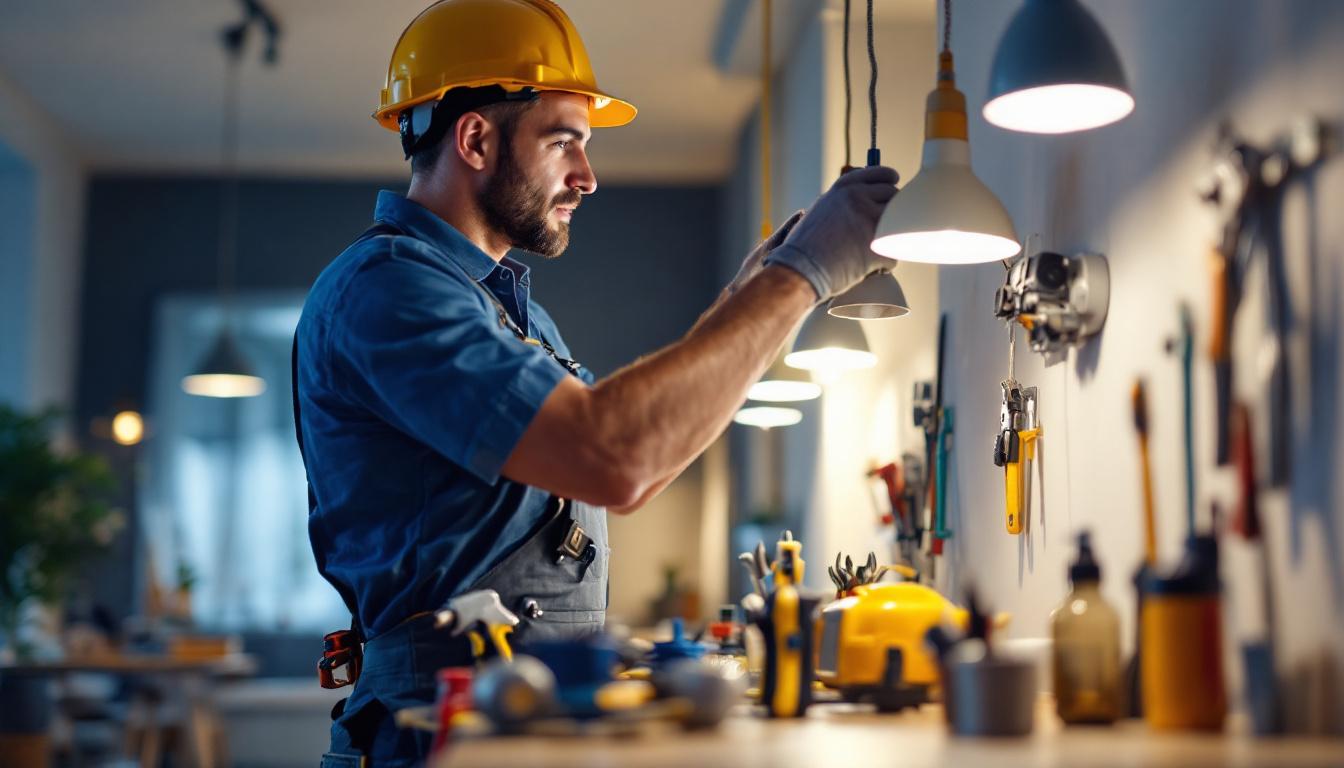 A photograph of a skilled electrician using various specialized tools while installing modern lighting fixtures in a well-lit