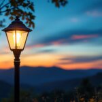A photograph of a beautifully lit solar lamp post in an outdoor setting