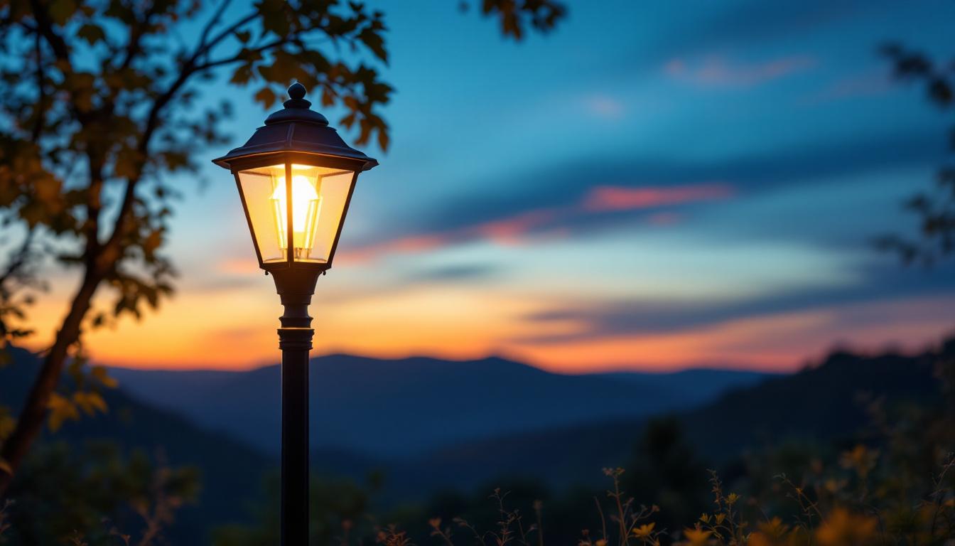 A photograph of a beautifully lit solar lamp post in an outdoor setting