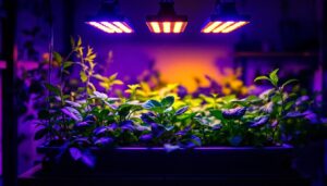 A photograph of a well-lit indoor gardening setup featuring low-cost grow lights in action