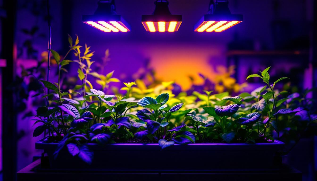 A photograph of a well-lit indoor gardening setup featuring low-cost grow lights in action