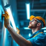 A photograph of a lighting contractor installing or adjusting a modern led fluorescent light fixture in a commercial or residential setting