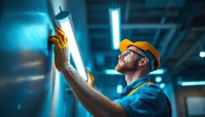 A photograph of a lighting contractor installing or adjusting a modern led fluorescent light fixture in a commercial or residential setting